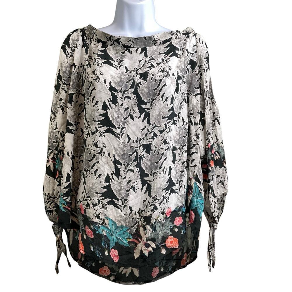 Tolani Women's Leaf Floral Print‎ Silk Top Size M Boho Flowy Art To Wear Lagom